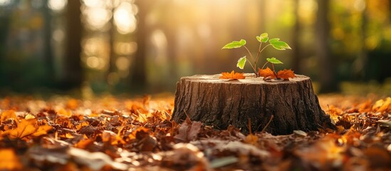 Poster - Sunlit tree stump surrounded by dry leaves and young green plants in a tranquil autumn forest setting.