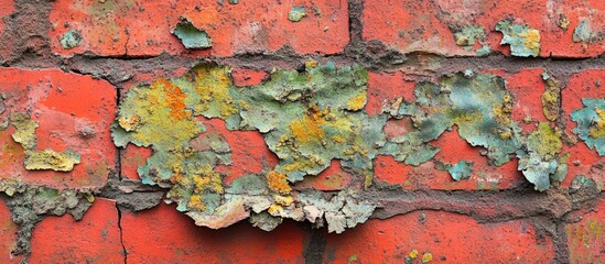 Poster - Weathered red brick wall with peeling paint showing texture and decay in an urban environment
