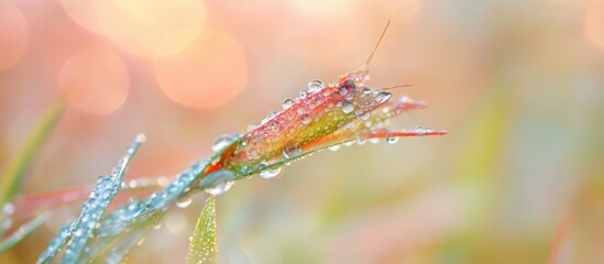 Poster - Dew drops glistening on vibrant green grass with a beautifully blurred background creating a serene natural atmosphere
