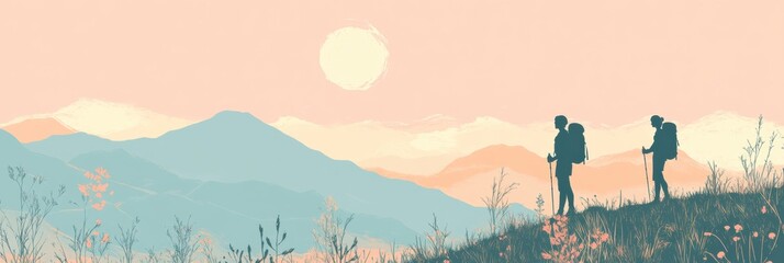 Poster - Hiker stands on mountain ridge against sunset with open space for inspirational quotes or messages. Generative AI