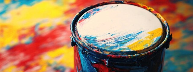Poster - Drum with Mixed Paint Creating Colorful Abstract Background and Empty Copy Space for Text