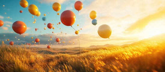 Poster - Colorful balloons soaring above a sunlit field with vibrant clouds and ample blank space for creative text or messaging