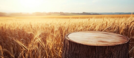 Poster - Wooden stump in a golden wheat field under sunlight symbolizing harvest season tranquility and rustic nature.
