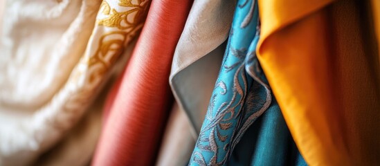 Poster - Elegant texture of custom designer window curtains showcasing a vibrant color palette and intricate patterns for interior decor inspiration.