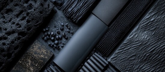 Poster - Textured black surface with varied materials and negative space for text placement in a modern design context