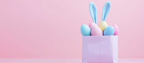 Poster - Easter gift bag with bunny ears and pastel eggs on pink background minimalistic holiday shopping concept with copy space for promotion