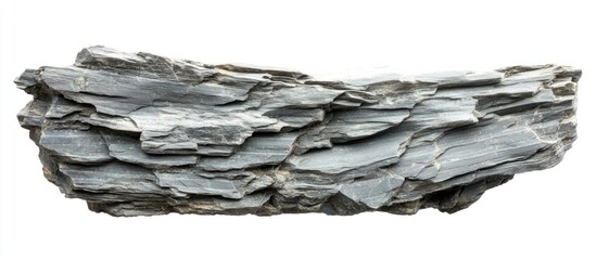 Poster - Gray shale rock specimen cut out isolated on a clean white background showcasing natural layers and texture for geological displays.