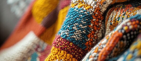 Poster - Close-up of intricate patterns in a vibrant handmade jersey showcasing rich textures and colorful yarn details.