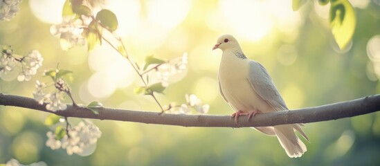 Poster - Dove perched on a tree branch surrounded by soft light and flowers with empty space for text or branding purposes