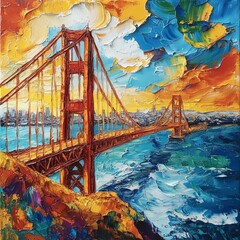 Fototapete - Vibrant impasto painting of the Golden Gate Bridge against the San Francisco skyline Sharp edges and abstract forms swirl in fluid paint creating a dynamic textured canvas