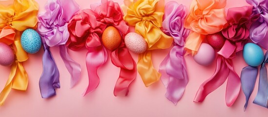 Poster - Colorful Easter eggs adorned with vibrant ribbons and bows arranged on a soft pink background for festive spring celebrations.