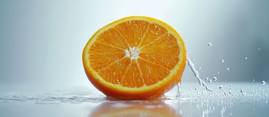 Aufkleber - freshly cut orange slice with vibrant color and water droplets on a clean white background showcasin