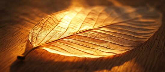 Poster - Golden Dry Leaf on Wooden Floor Artistic Background with Soft Light and Texture Detail