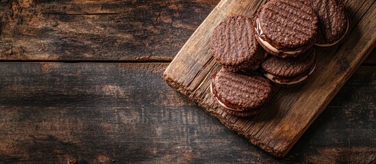 Poster - Delicious crunchy round sandwich cookies filled with chocolate on a rustic wooden board background top view.