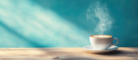 Poster - Cappuccino cup with steam on wooden surface against vibrant blue background ideal for coffee-related themes and advertising copy space
