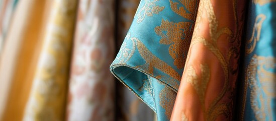 Poster - Custom designer window curtains in vibrant colors and intricate patterns showcase high-quality fabric and elegant design details.