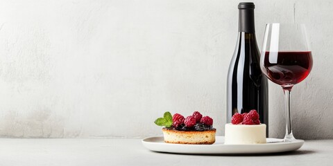 Poster - Elegant wine and dessert pairing on a stylish plate with a glass of red wine in a minimalist interior setting for lifestyle content