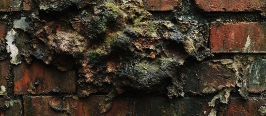 Poster - Detailed vintage texture of an aged red brick wall showing peeling paint and moss growth for architectural and historical backgrounds