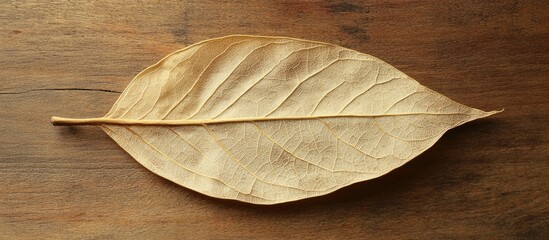 Poster - Dry leaf on rustic wooden surface showcasing natural textures and earthy tones perfect for organic or eco-themed projects.