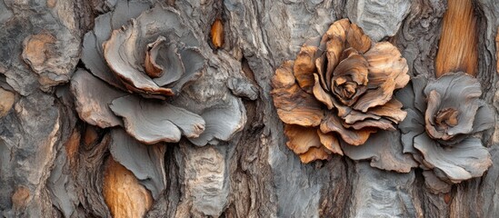 Poster - Textured tree bark with intricate details resembling flowers showcasing natural patterns and earthy tones in a close-up view.
