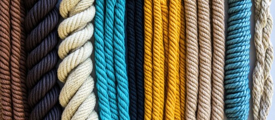 Poster - Variety of colorful ropes arranged side by side on a white background showcasing texture and detail for crafting or design purposes.