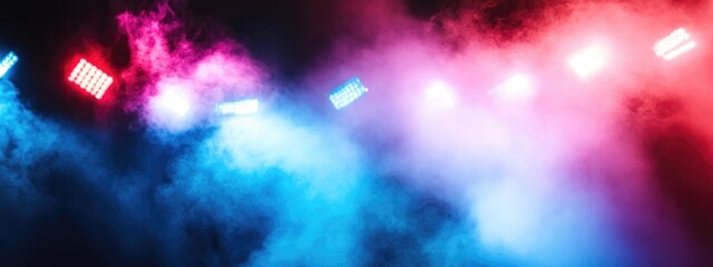 Poster - Vibrant Stage Lighting and Colorful Smoke Effects Creating a Dramatic Atmosphere with Space for Text or Branding