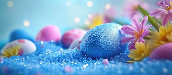 Poster - Easter decoration showcasing colorful eggs surrounded by blue candy powder and vibrant flowers on a soft blue background.