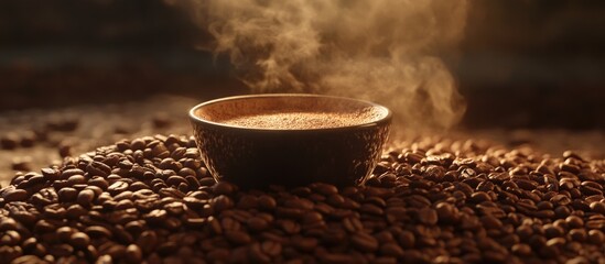 Poster - Aromatic coffee cup on roasted bean bed steam rising close up showcasing rich texture and warmth of the coffee drinking experience