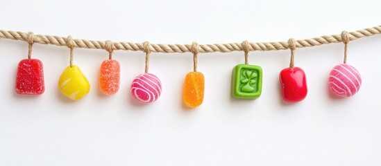 Aufkleber - Colorful candies hanging on a rope isolated on a white background showcasing a variety of shapes and textures for vibrant sweet imagery.