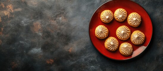 Canvas Print - Festive Danish cookies arranged on a red plate with empty space for text perfect for holiday promotions and culinary displays