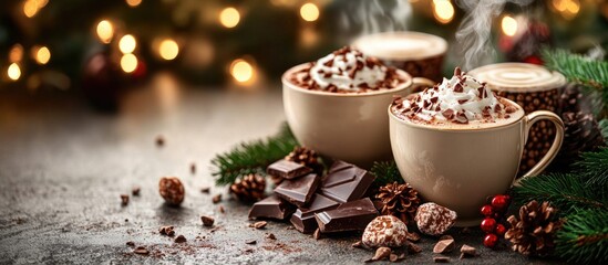 Poster - Cozy hot chocolate with whipped cream and chocolate pieces on a festive dark background featuring sahlep and holiday decorations