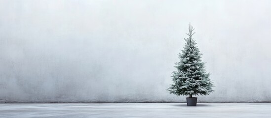 Poster - Winter holiday backdrop showcasing a decorated Christmas tree with ample copyspace for text and a serene, frosty atmosphere