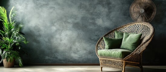 Wall Mural - Stylish wicker chair with green cushions under a fan against a textured wall featuring ample empty space for text or design elements.