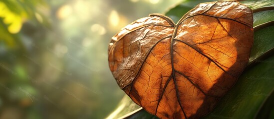 Poster - Heart-shaped dry leaf resting on green foliage with a soft focus background highlighting its natural beauty and uniqueness.