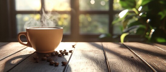 Poster - Cozy coffee cup with steam on rustic wooden table bathed in warm sunlight and surrounded by coffee beans and greenery