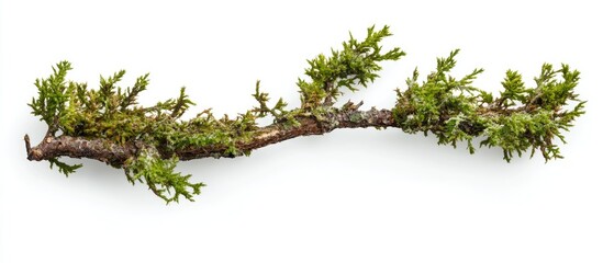 Poster - Mossy fir tree branch isolated on white background for natural decor and artistic arrangements