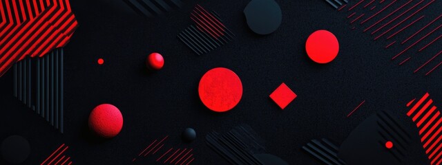 Poster - Vibrant red geometric shapes on a dynamic black background with halftone textures and ample space for text or branding elements.