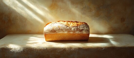 Poster - Rustic loaf of bread resting on a textured surface with soft lighting creating an inviting atmosphere and highlighting its golden crust.