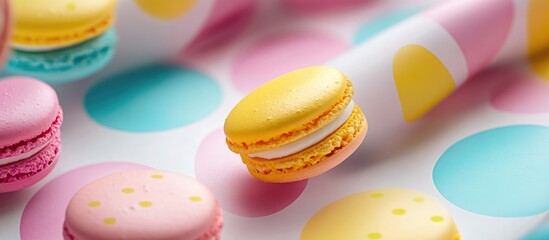 Aufkleber - Colorful Macarons Arrangement on Whimsical Polka Dot Background with Selective Focus for Culinary and Dessert Themes