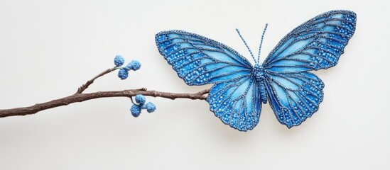 Poster - Intricate blue butterfly perched on a branch with delicate berries against a minimalist background perfect for text overlay or branding