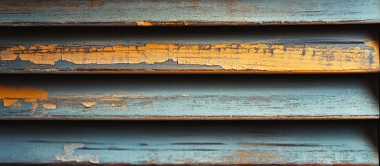 Poster - Weathered wooden blinds with peeling paint showcasing an aged patina and rich textures in a colorful and artistic presentation.