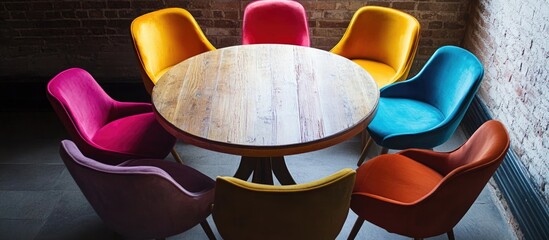 Aufkleber - Vibrant chairs encircle a round wooden table in a warm ambiance ideal for social gatherings or creative spaces.