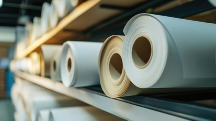 Poster - Display of Rolled Empty Paper Sheets on Store Shelving Ideal for Customization with Blank Space for Text or Graphics