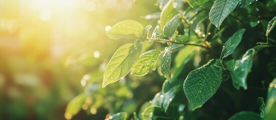 Poster - Morning dew glistening on vibrant green leaves under soft sunlight showcasing nature's beauty and freshness
