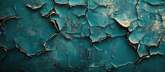 Poster - Textured close-up of a weathered teal wall with peeling paint, ideal for backgrounds in artistic and design projects.