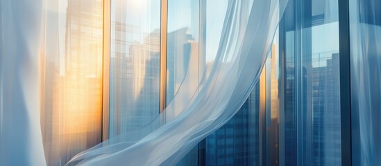 Wall Mural - Modern office building interior with glass windows featuring sheer curtains and cityscape reflections during sunset.