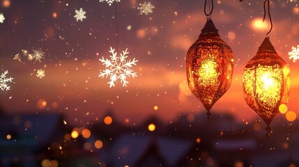 Poster - Diwali and Christmas Celebration Contrast at Sunset with Lanterns and Snowflakes and Empty Space for Text