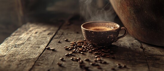 Poster - Coffee cup with steaming brew surrounded by scattered coffee beans on rustic wooden surface