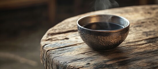 Poster - Cup of steaming black coffee in aluminum bowl placed on rustic wooden table with warm ambient lighting