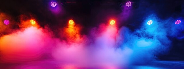 Poster - Colorful Stage Lighting and Fog for Performance Background with Space for Text Overlay